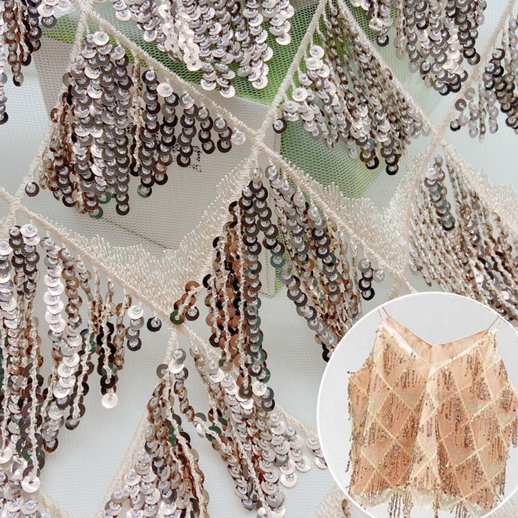 Sexy design polyester knitted net mesh embroidery fancy gold spangle tassels sequin fabric for party dress