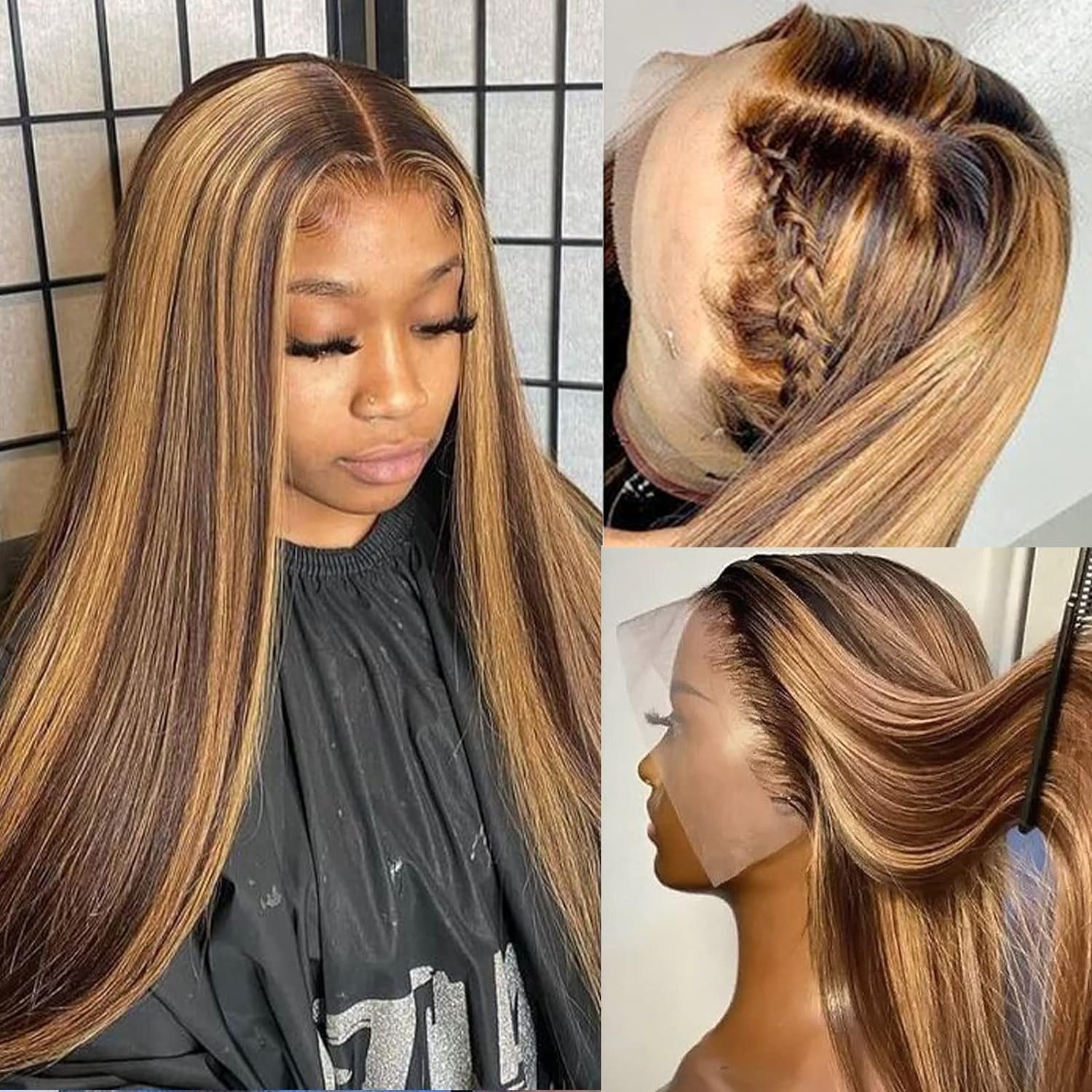 FASCARA Straight Long 13X4 Remy 4/27 Highlighted Wigs Honey Brown Highlight Wig Human Hair Wigs Full Lace Highlights