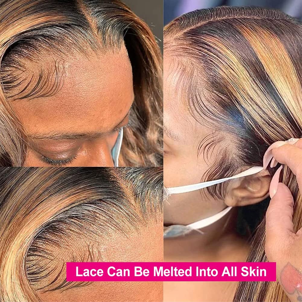 FASCARA Straight Long 13X4 Remy 4/27 Highlighted Wigs Honey Brown Highlight Wig Human Hair Wigs Full Lace Highlights