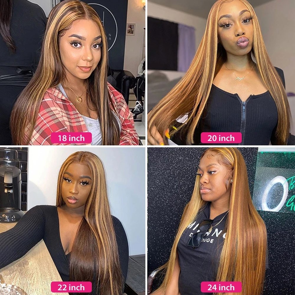 FASCARA Straight Long 13X4 Remy 4/27 Highlighted Wigs Honey Brown Highlight Wig Human Hair Wigs Full Lace Highlights