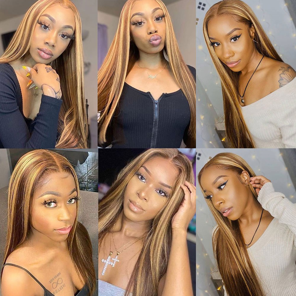 FASCARA Straight Long 13X4 Remy 4/27 Highlighted Wigs Honey Brown Highlight Wig Human Hair Wigs Full Lace Highlights