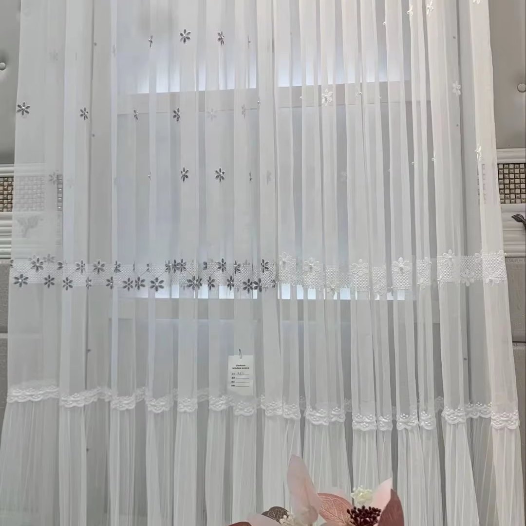 Romantic American Style Window Curtain with Pearl Embroidery Sheer Fabric French Windows Chic Romantic Style Pearl Embroidery