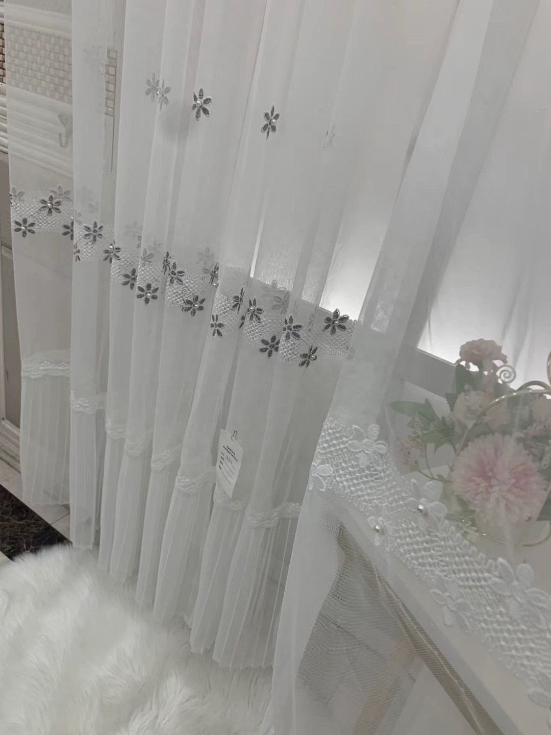 Romantic American Style Window Curtain with Pearl Embroidery Sheer Fabric French Windows Chic Romantic Style Pearl Embroidery
