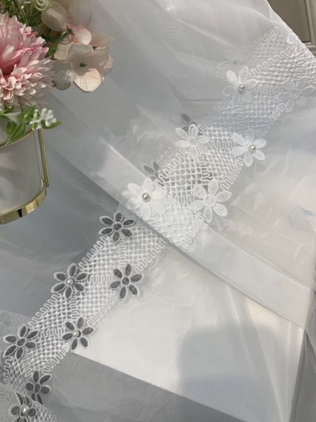 Romantic American Style Window Curtain with Pearl Embroidery Sheer Fabric French Windows Chic Romantic Style Pearl Embroidery