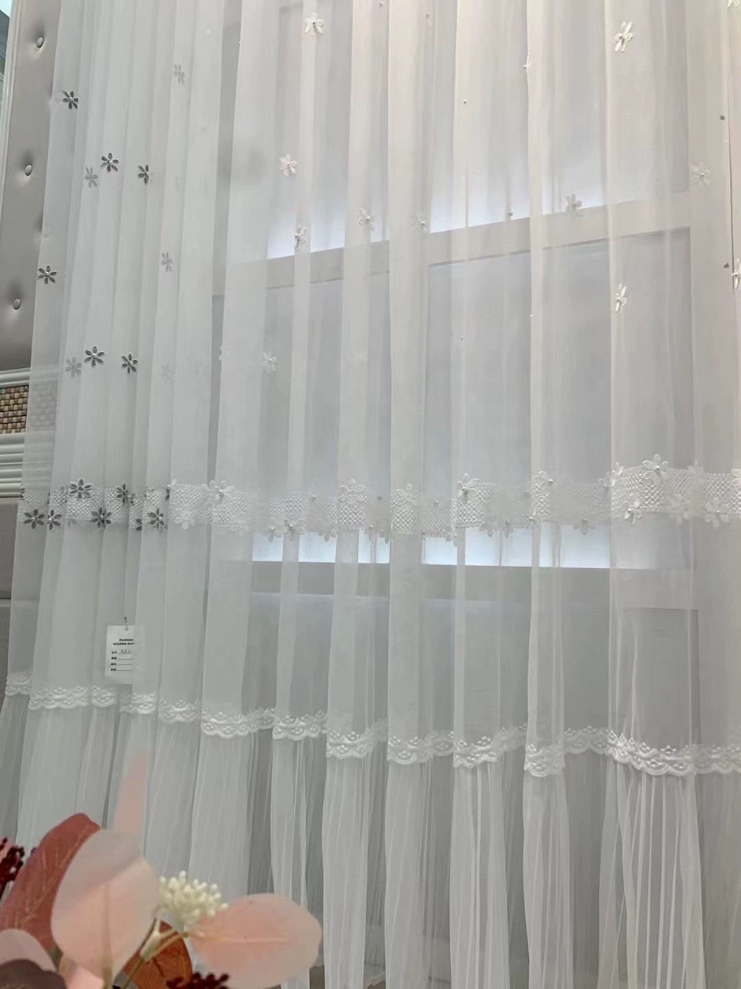 Romantic American Style Window Curtain with Pearl Embroidery Sheer Fabric French Windows Chic Romantic Style Pearl Embroidery