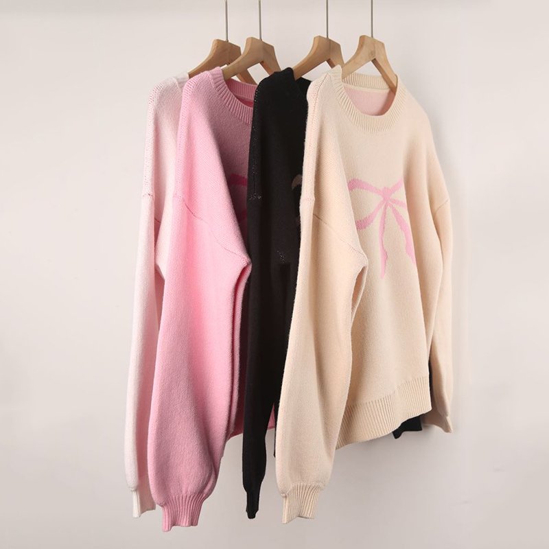 Wholesale winter cozy cute pullover ribbon ribbed long sleeve jumper pink bow knot jacquard women custom knitted sweaters
