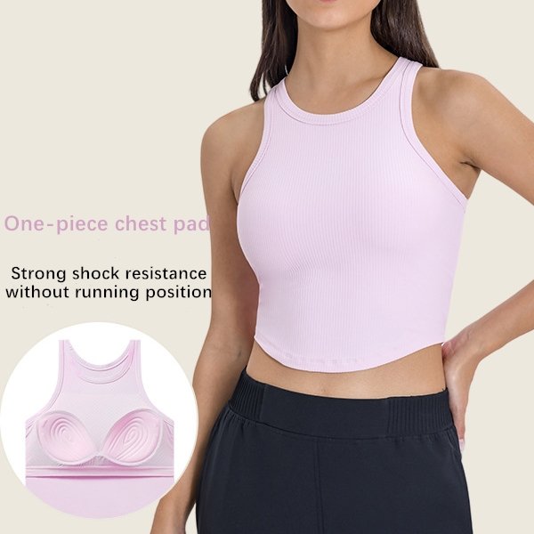 Xsunwing Seamless Ribbed Fixed Pads Sports Bras Yoga Crop Tank Tops Sleeveless Women Workout Fitness Gymwear Running Vest WDQ082