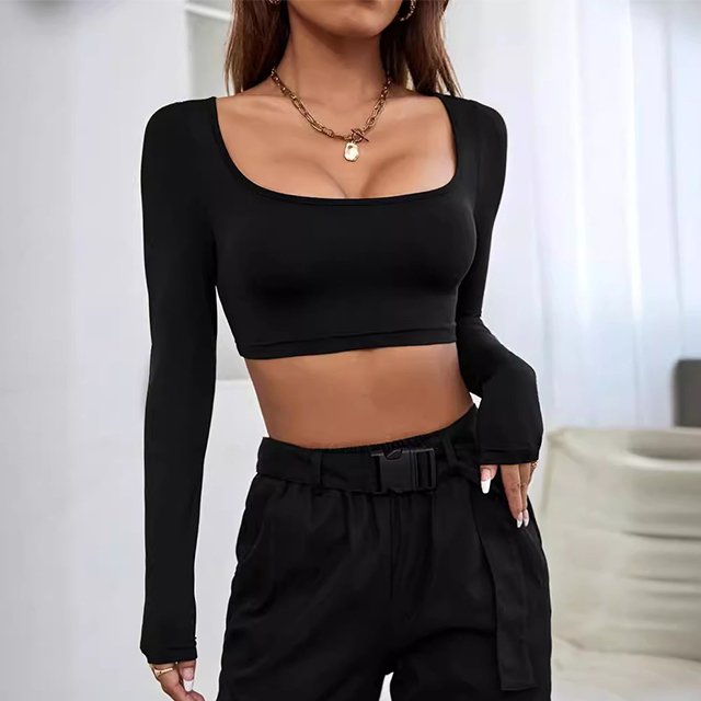 Women Tees Solid Color Cropped Sexy T-shirt Ladies Top Slimming Fashion long Sleeves U Neck T-shirt