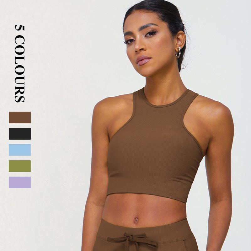 New Crossover Racerback Sports Tank Top Nude Rib Yoga Bra Running Fitness Tank Top with Chest Pads