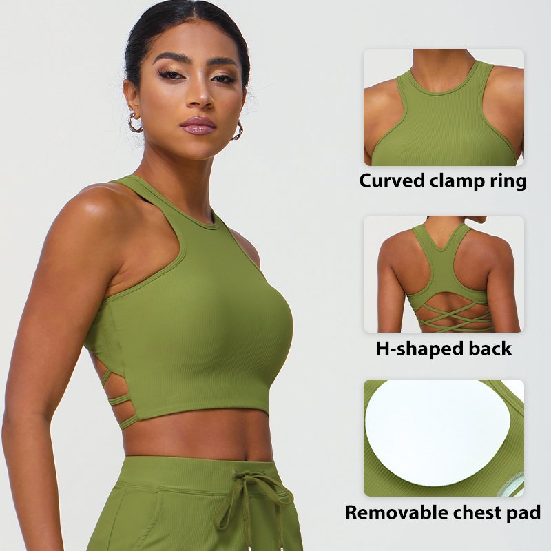 New Crossover Racerback Sports Tank Top Nude Rib Yoga Bra Running Fitness Tank Top with Chest Pads