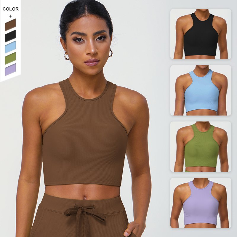 New Crossover Racerback Sports Tank Top Nude Rib Yoga Bra Running Fitness Tank Top with Chest Pads