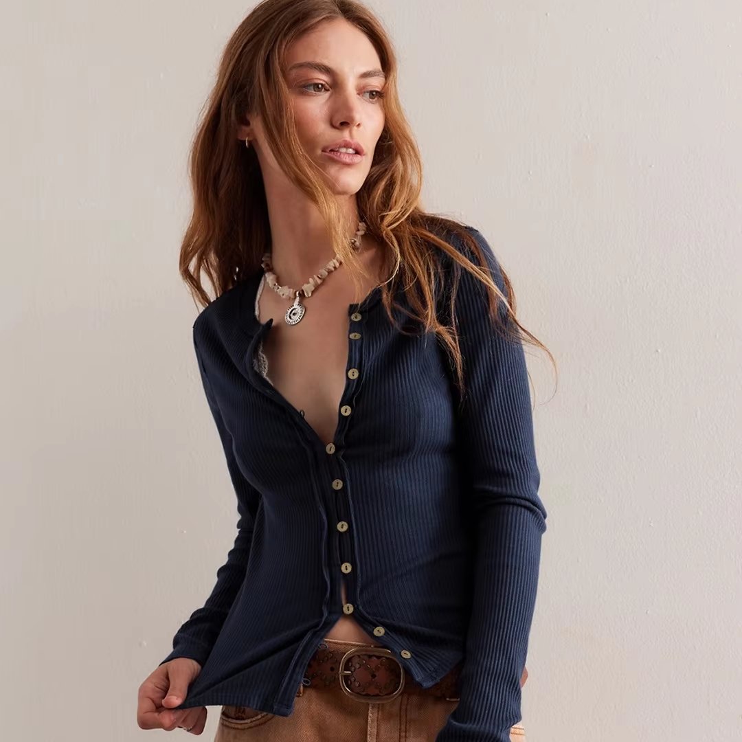 Round Neck Button Ribbed Solid Color Autumn Wholesale Long Sleeve Korean Crop Tops For Women