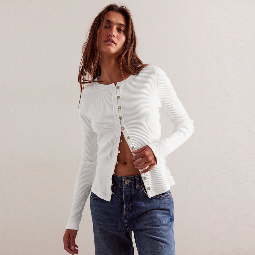 Round Neck Button Ribbed Solid Color Autumn Wholesale Long Sleeve Korean Crop Tops For Women