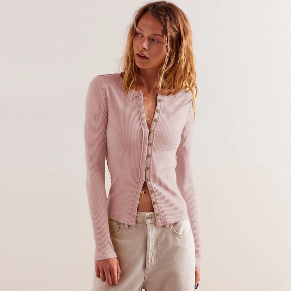 Round Neck Button Ribbed Solid Color Autumn Wholesale Long Sleeve Korean Crop Tops For Women