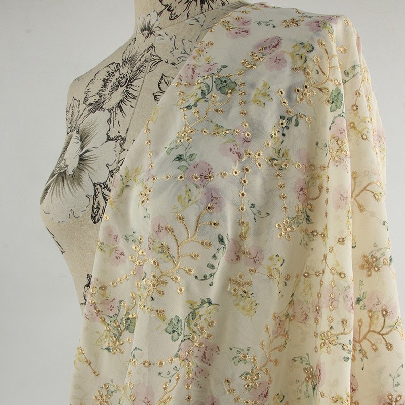 ZSY Embroidery Chiffon Fabric Floral Print Embroidered Chiffon Fabric For Dress Making