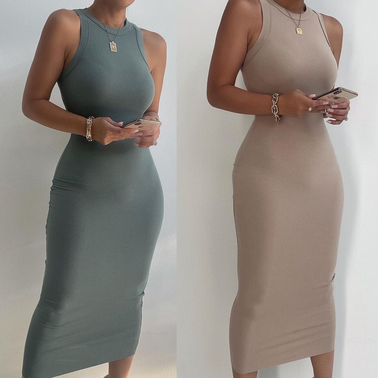 Knit Ribbed Crew Neck Elegant Sexy Sleeveless Tight Fit Bodycon High Slit Basic Casual Long Dresses