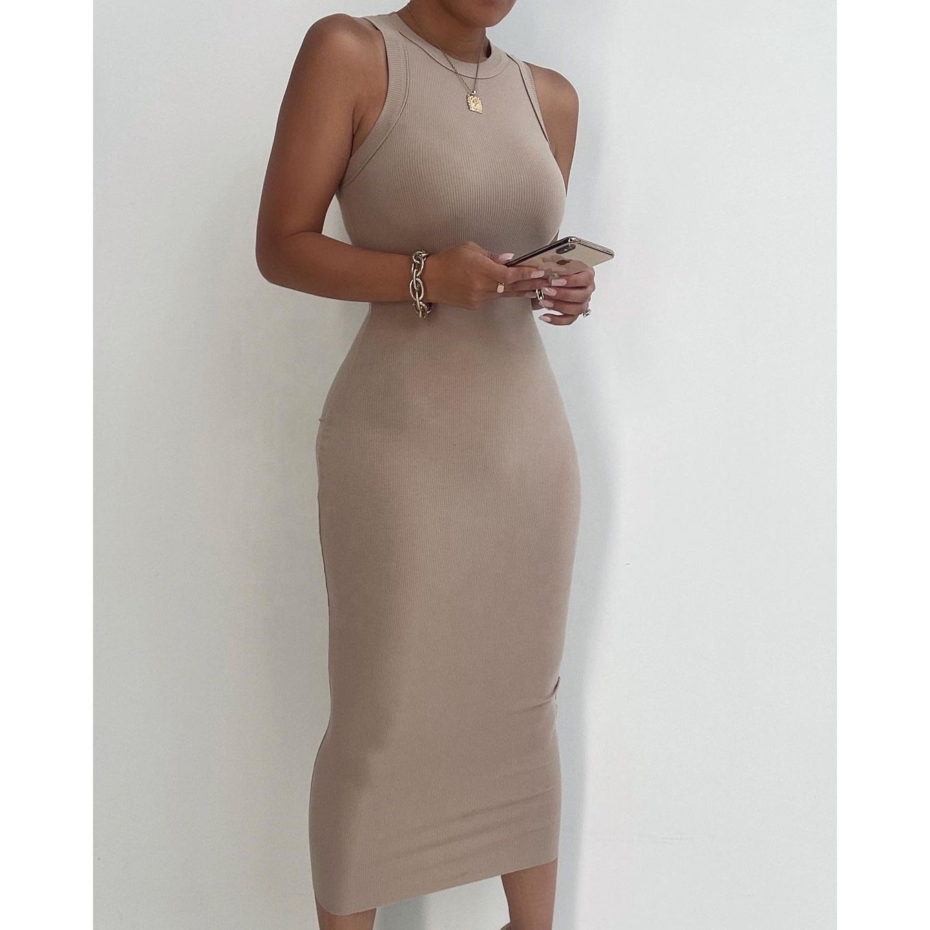 Knit Ribbed Crew Neck Elegant Sexy Sleeveless Tight Fit Bodycon High Slit Basic Casual Long Dresses