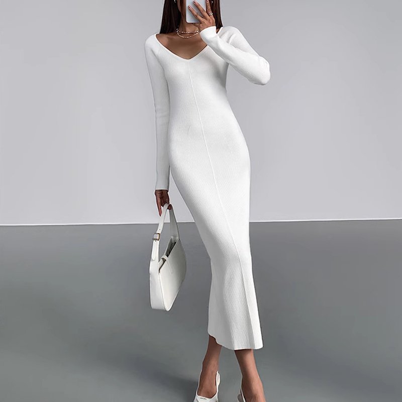 Autumn and winter white V-neck long sleeved base skirt women's ribbed knitted wool dress sexy slim fit knitted dress