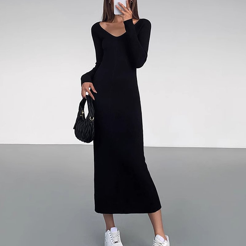 Autumn and winter white V-neck long sleeved base skirt women's ribbed knitted wool dress sexy slim fit knitted dress