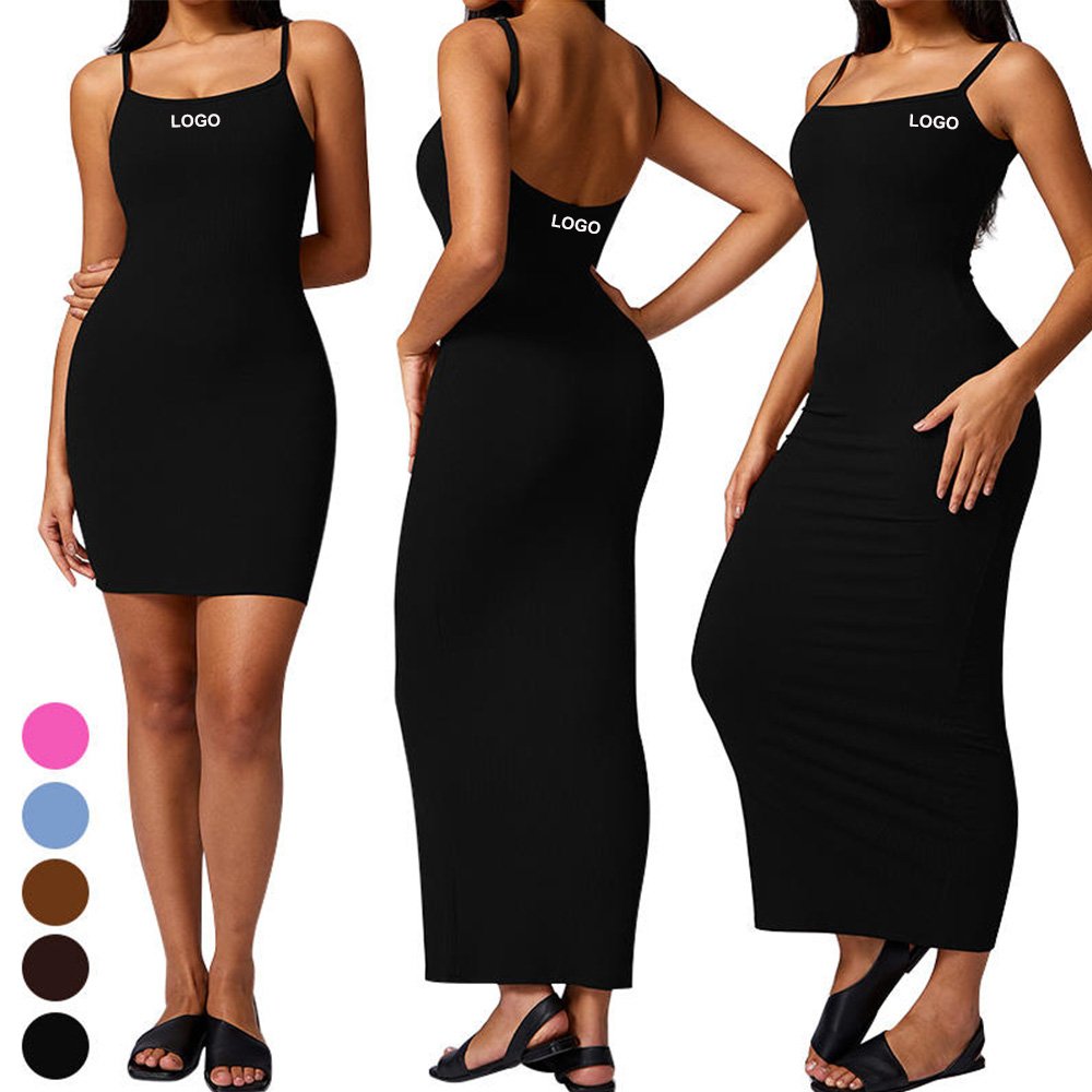 ODM Hip Halter Round Neck Dresses Sleeveless Tight Skirt Fitness Clothing One Piece Jumpsuit Ribbed Women Sports Dress Yoga Set