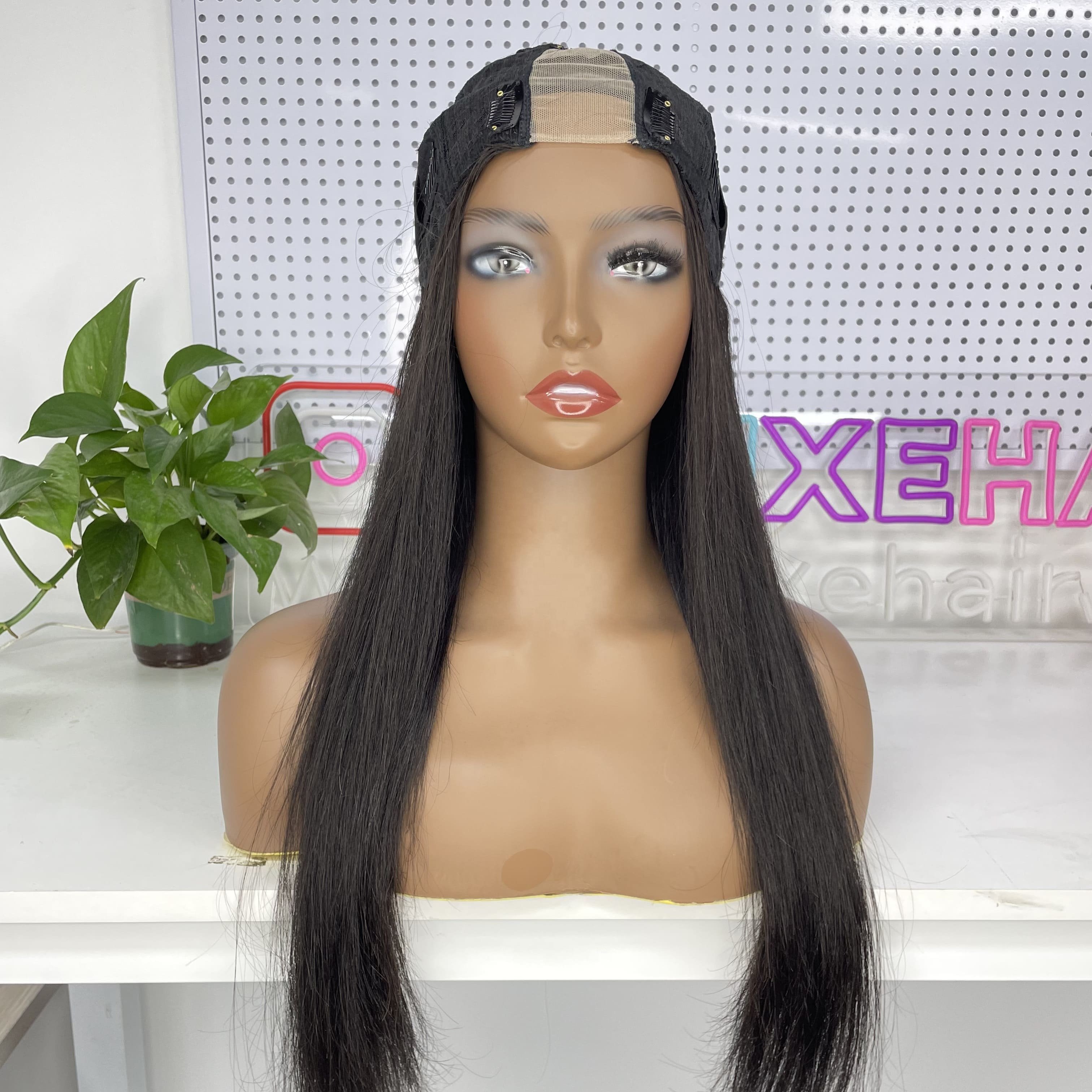 hot selling U-Part wigs DiLuxe Burmese Virgin Human Hair straight Wig Cuticle Aligned Machine Unit full volume free chemical