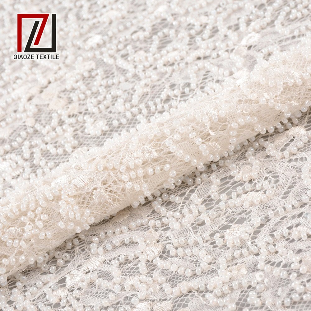Luxury quality French white wedding dress embroidery heavy beads bridal lace fabric