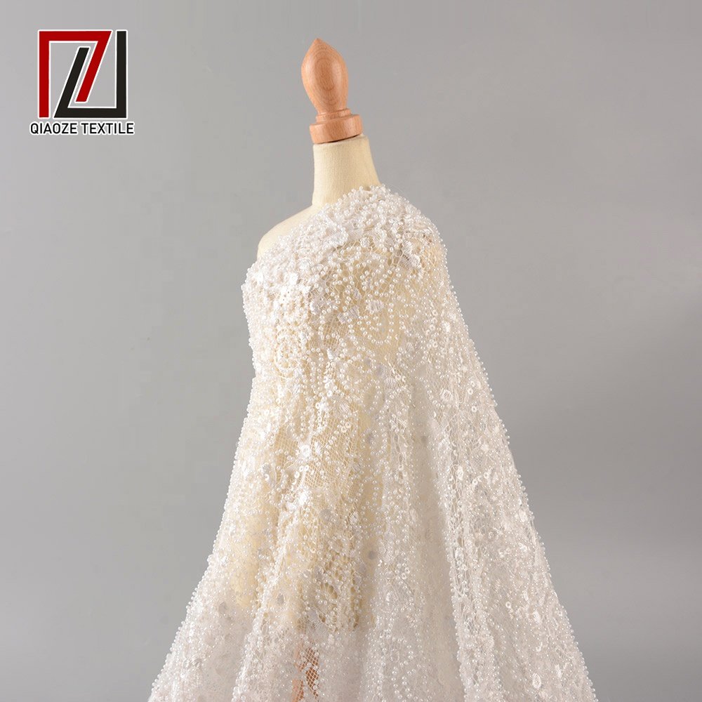 Luxury quality French white wedding dress embroidery heavy beads bridal lace fabric