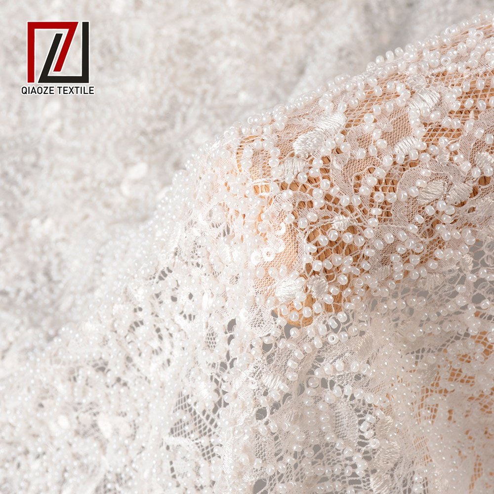Luxury quality French white wedding dress embroidery heavy beads bridal lace fabric
