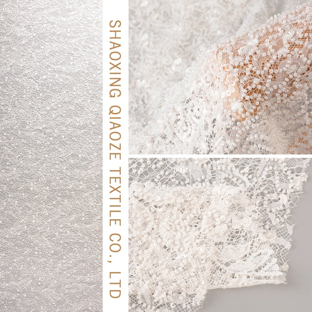 Luxury quality French white wedding dress embroidery heavy beads bridal lace fabric