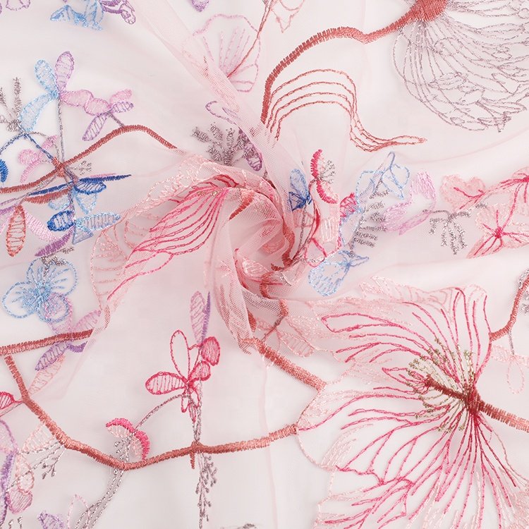 Wholesale tulle fabric mesh custom colorful embroidery on mesh fancy lace fabric for dress