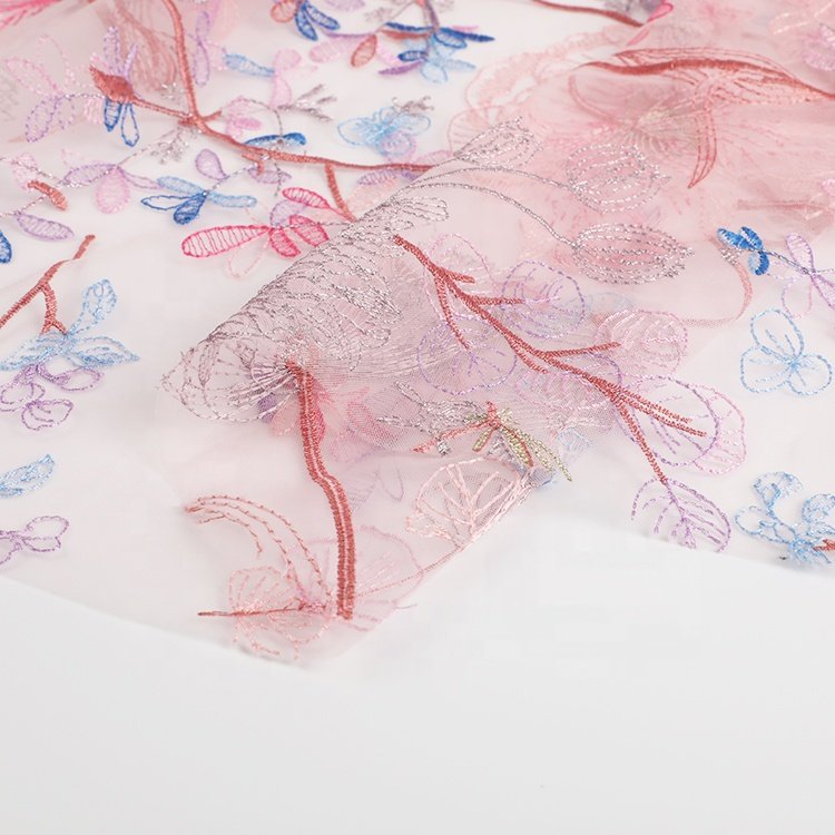 Wholesale tulle fabric mesh custom colorful embroidery on mesh fancy lace fabric for dress