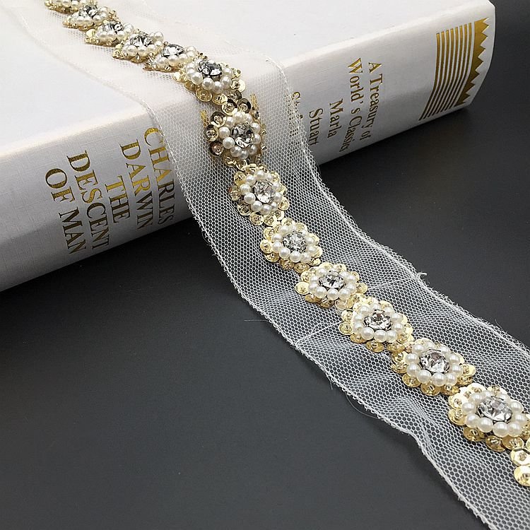 Hot sell gold color beaded mesh lace trim for clothes