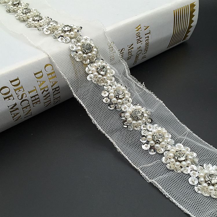 Hot sell gold color beaded mesh lace trim for clothes
