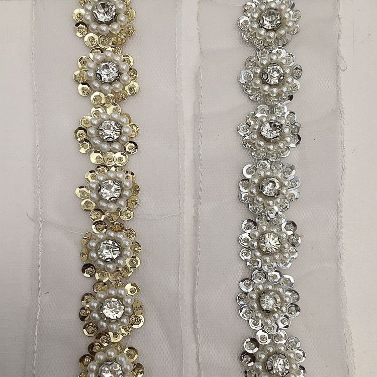Hot sell gold color beaded mesh lace trim for clothes