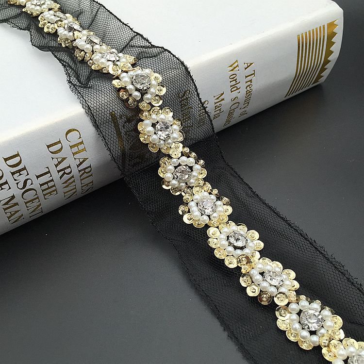 Hot sell gold color beaded mesh lace trim for clothes