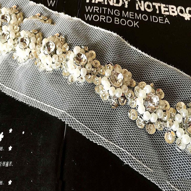 Hot sell gold color beaded mesh lace trim for clothes