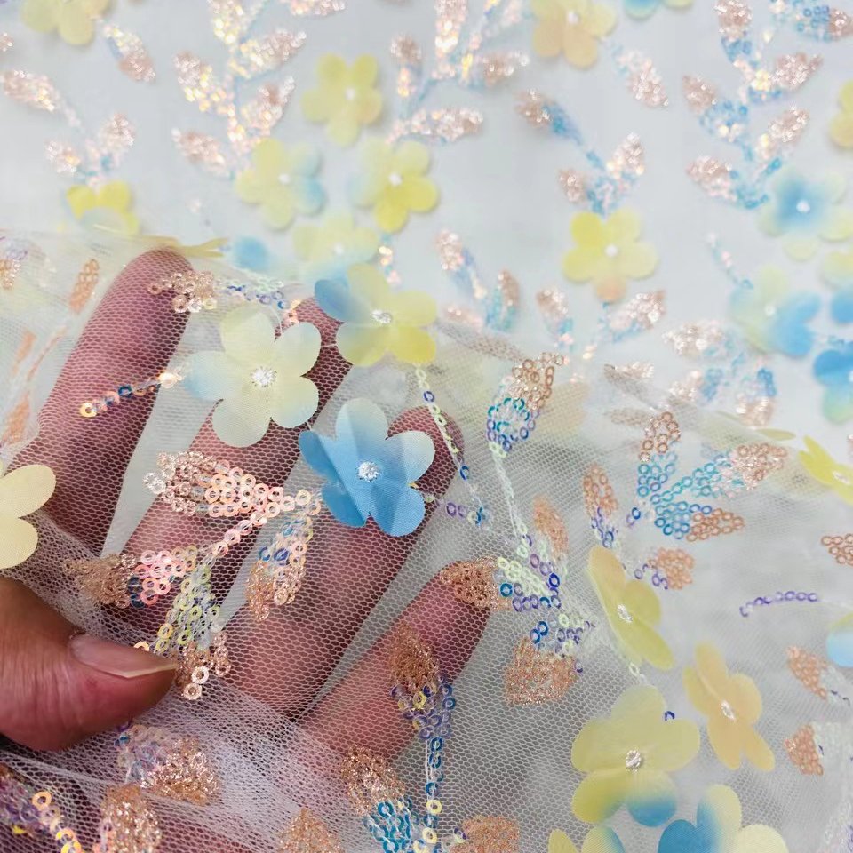 Factory Price Multicolor 3D Flowers Embroidered Tulle Lace Fabric with Sequin Embroidery Tulle Fabric for Clothing