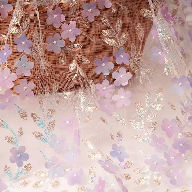 Factory Price Multicolor 3D Flowers Embroidered Tulle Lace Fabric with Sequin Embroidery Tulle Fabric for Clothing