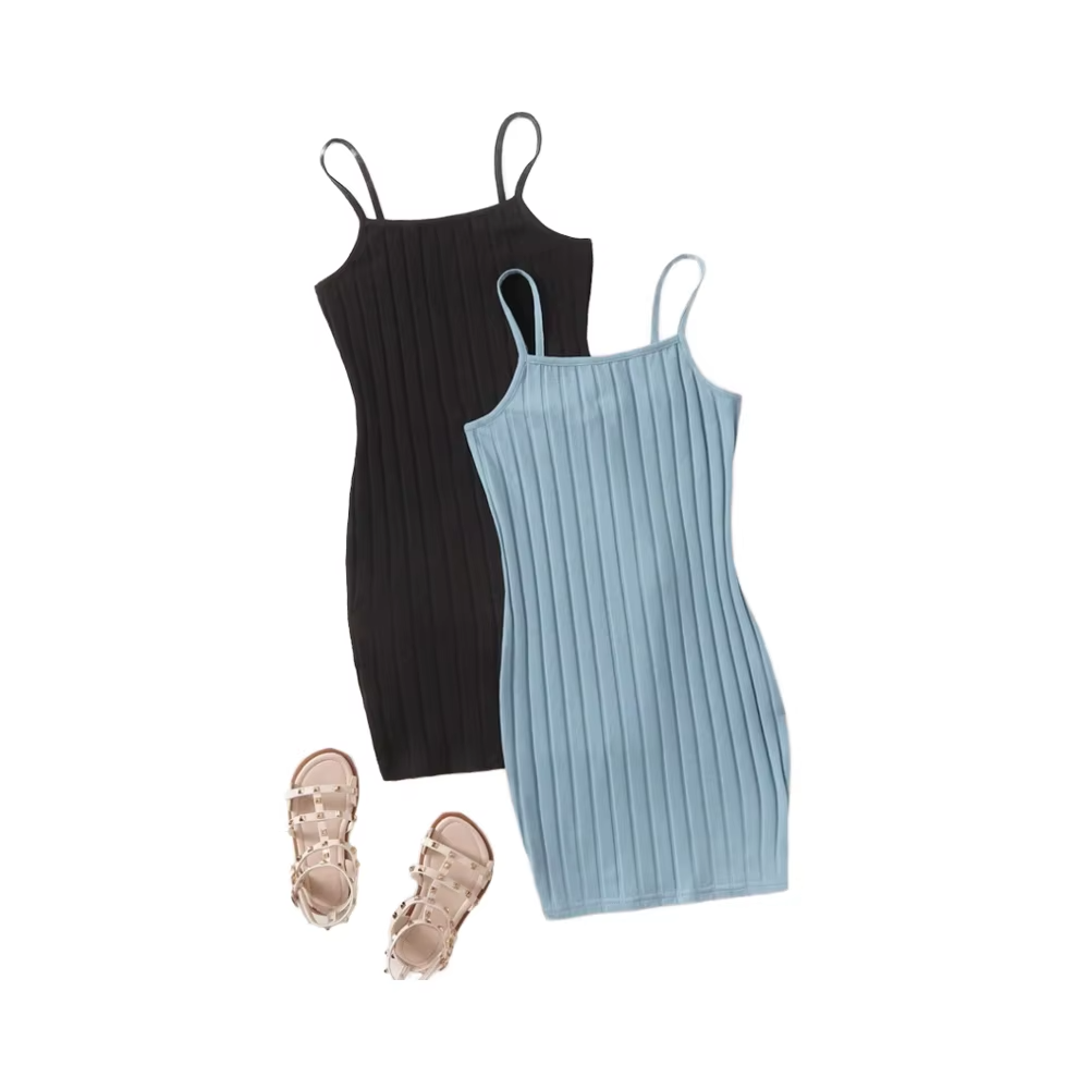 2 Pack Solid Ribbed Cami Dress, Casual Sleeveless Spaghetti Strap Slim Dress, Women's Clothing Elegant 2024