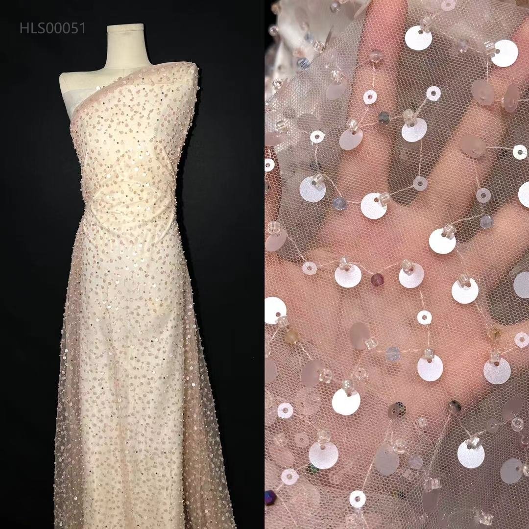 Luxury Pink Color French Laces Fabrics Quality Tulle Beaded Lace Fabric With Beads And Sequins Embroidery Mesh Lace For Wedding