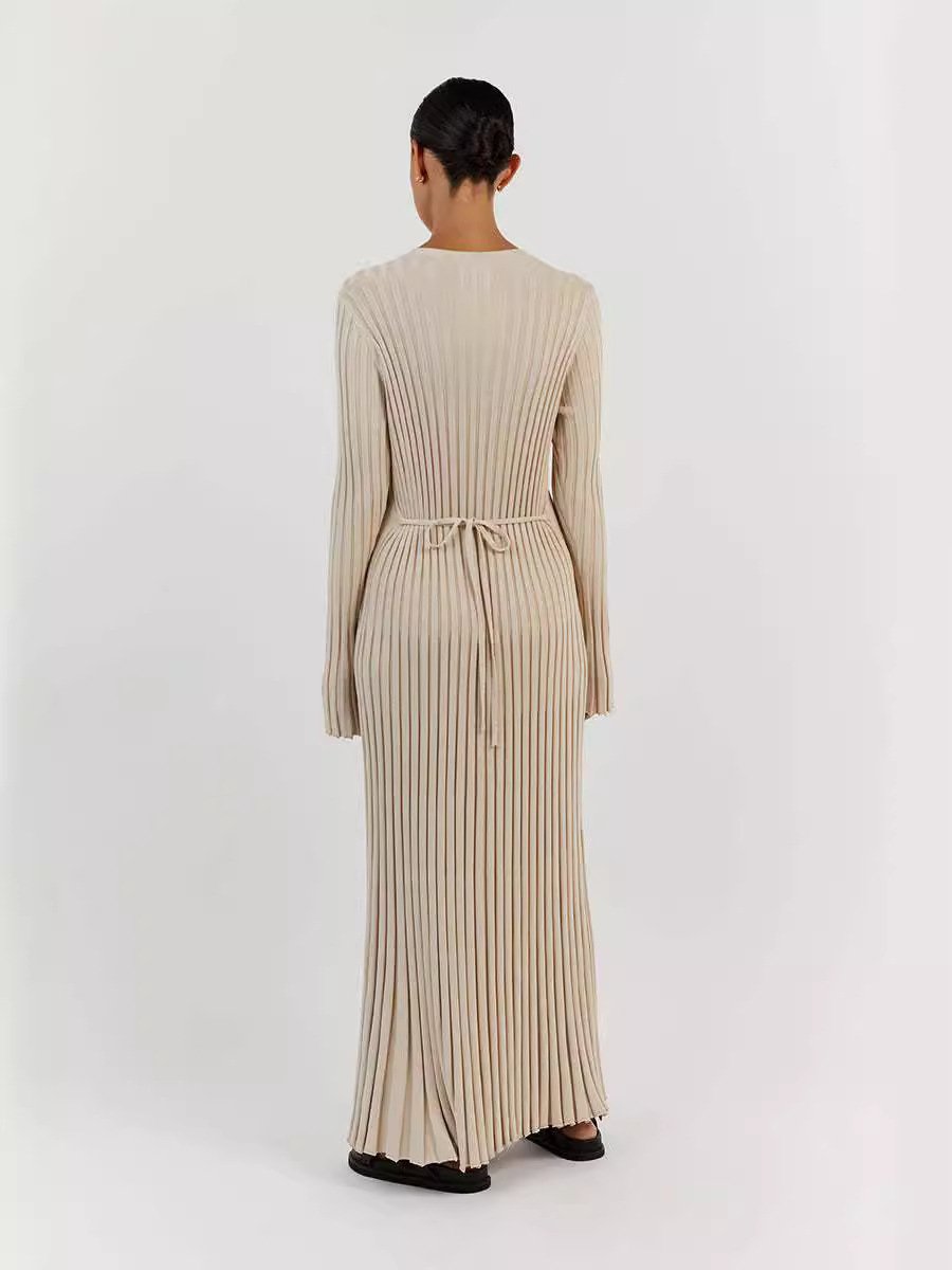 High Quality Custom Ribbed Flare Long Sleeve Round Collar Back Lace Up Knitted Dresses Women Pullover Casual Maxi Dress