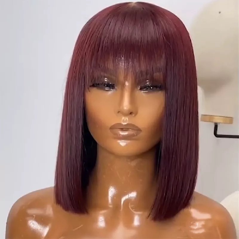 Burgundy Color Lace Front Wigs Human Hair 100% Aligned Virgin Hair Glueless Short Bob Wigs with Bangs