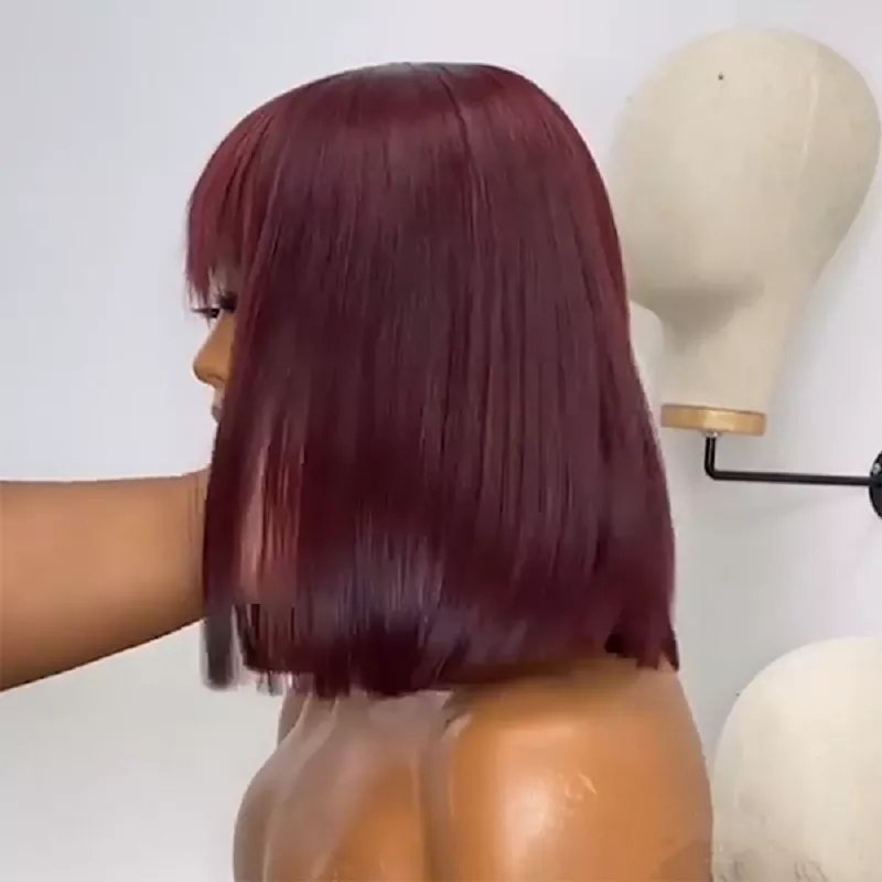 Burgundy Color Lace Front Wigs Human Hair 100% Aligned Virgin Hair Glueless Short Bob Wigs with Bangs