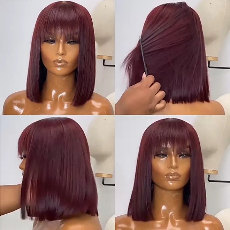 Burgundy Color Lace Front Wigs Human Hair 100% Aligned Virgin Hair Glueless Short Bob Wigs with Bangs