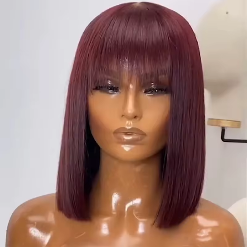 Burgundy Color Lace Front Wigs Human Hair 100% Aligned Virgin Hair Glueless Short Bob Wigs with Bangs