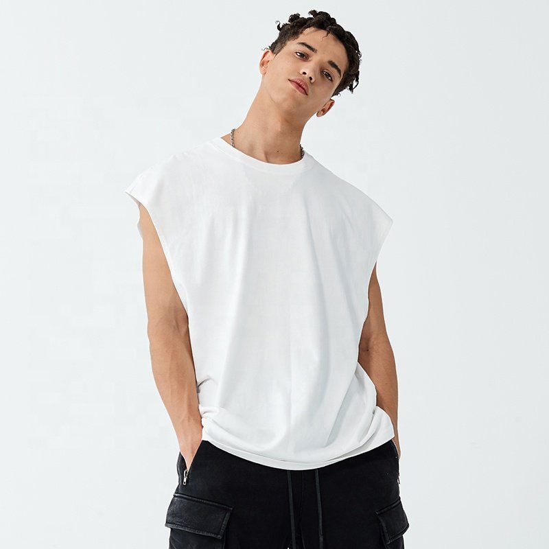 Custom Logo White Black Cotton Mens Gym Singlet Fitness Rib Collar Men's Tank Top 220gsm Sports Men's Sleeveless Vest