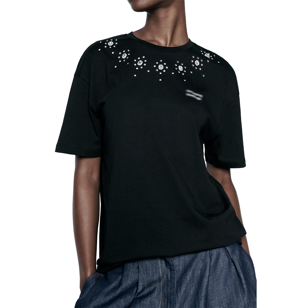regular fit ribbed round neck short sleeve rhinestone organic cotton t shirt crystal eco friendly pearl black tshirt for women