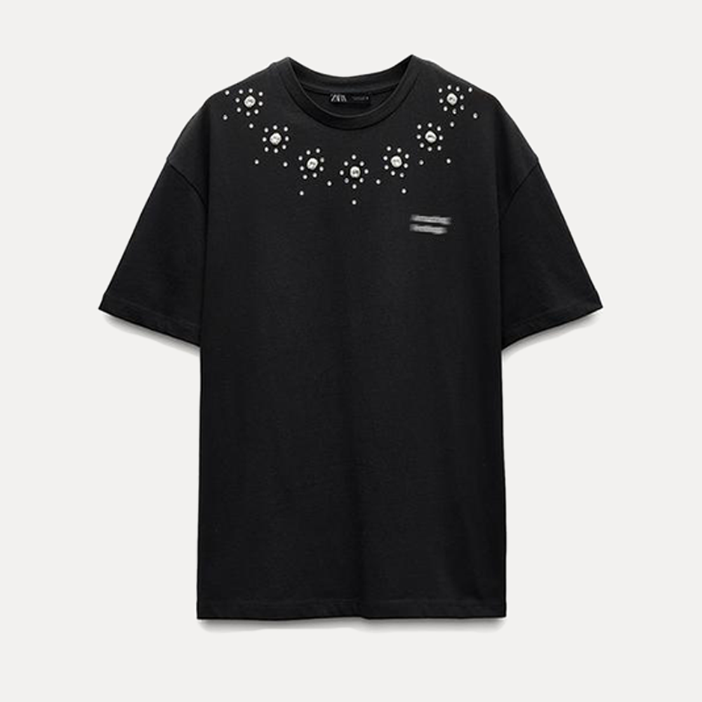regular fit ribbed round neck short sleeve rhinestone organic cotton t shirt crystal eco friendly pearl black tshirt for women