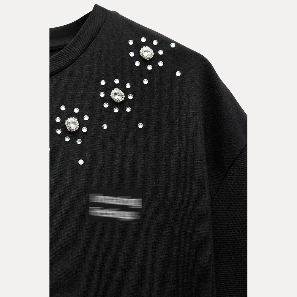 regular fit ribbed round neck short sleeve rhinestone organic cotton t shirt crystal eco friendly pearl black tshirt for women