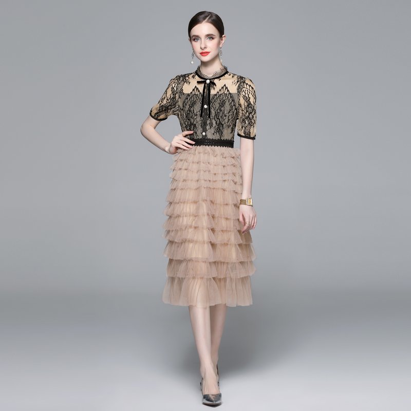 Lace-paneled mesh cake dress with bow court-style dress YYX852075